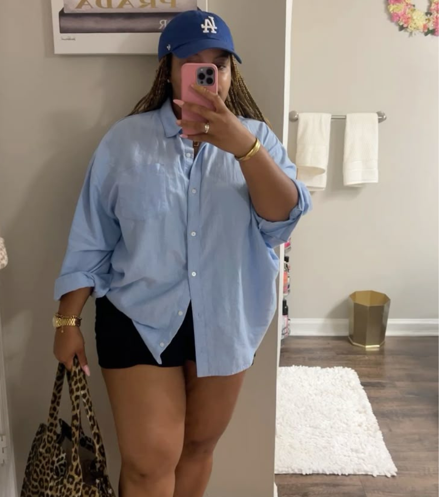 Busy-mom-outfit-idea-with-oversized shirt-and-biker-shorts-for-comfort-and-style
